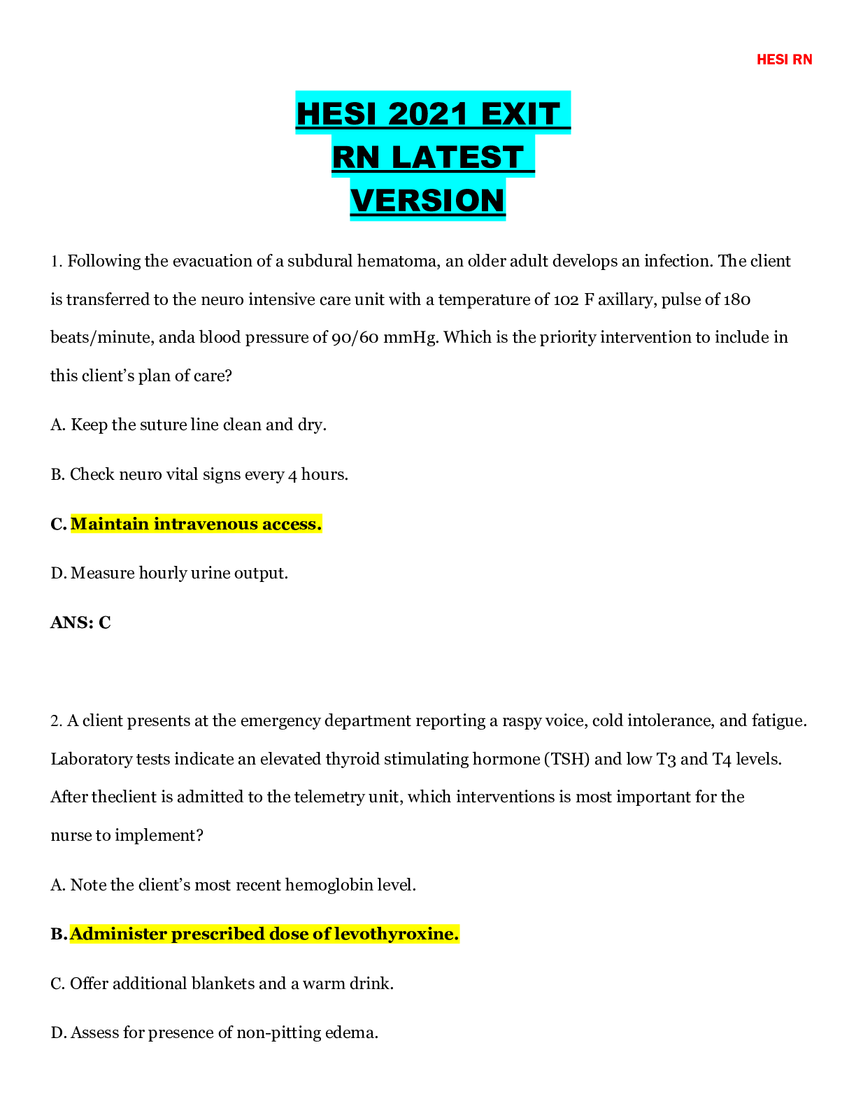 Preview image for Hesi 2021 exit rn latest version